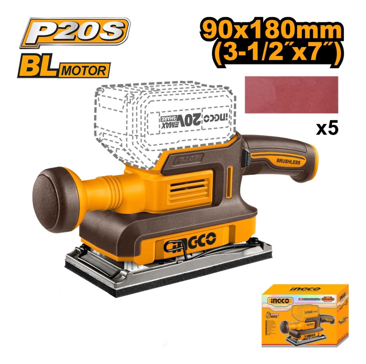 Lijadora Orbital Bl Con Batería Y Carg 20v Ingco Cfsli2031 - Imagen 2