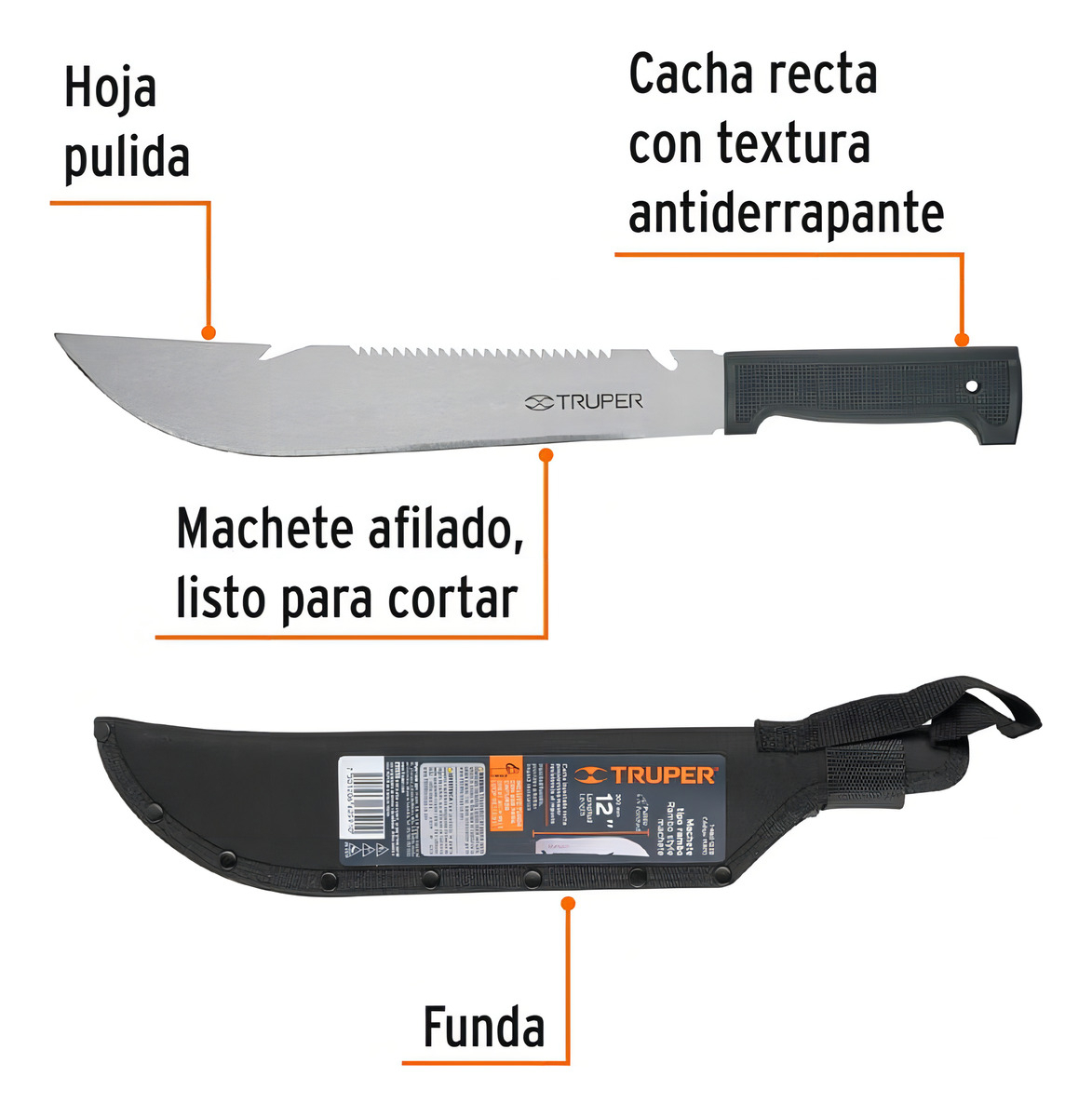 Machete Rambo 12' Cacha Inyectada Negra, Con Funda, Truper - Imagen 6