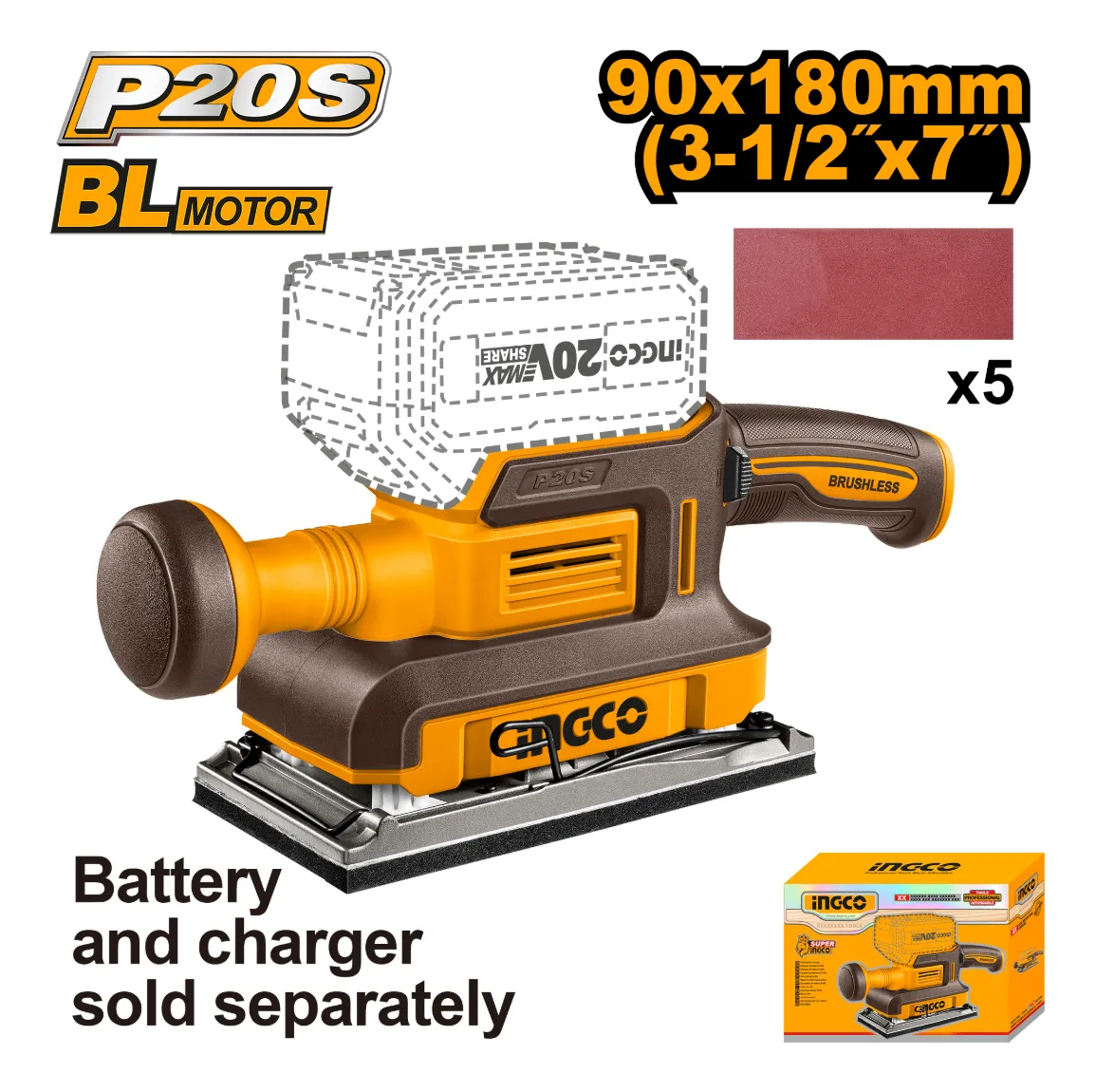 Lijadora Orbital Brushless C/batcar 5 Lijas Ingco Cfsli20311 - Imagen 3