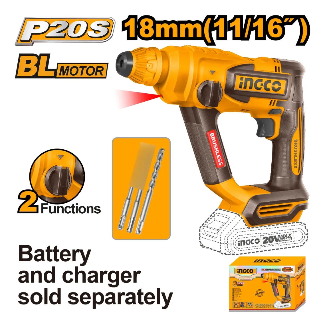 Rotomartillop20s Sds Plus 1.8j + 3 Mechas Crhli20188 Ingco - Imagen 2