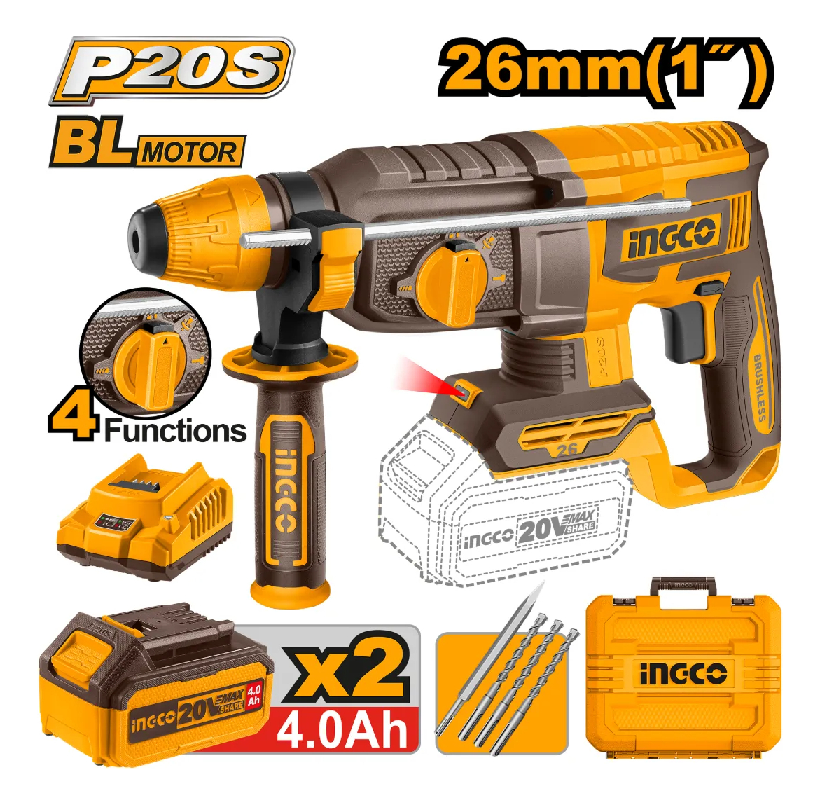 Rotomartillo Brushless Valija Y Accesorios Ingco Crhli202682 - Imagen 2