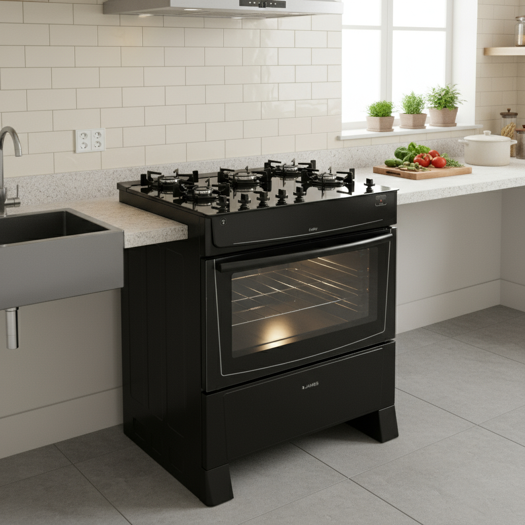 Cocina James A Gas Negra Con Mesada De Vidrio Negro C 695 V - Imagen 2