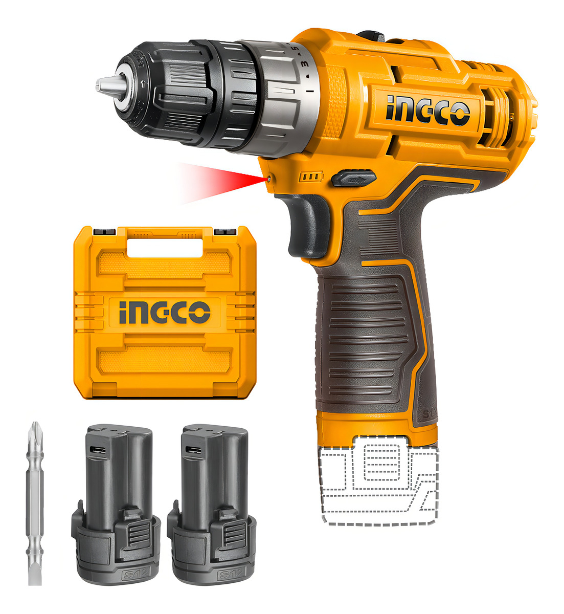 Taladro Atornillador Usb C Ingco Cdli12202 2 Baterías Maleta Amarillo