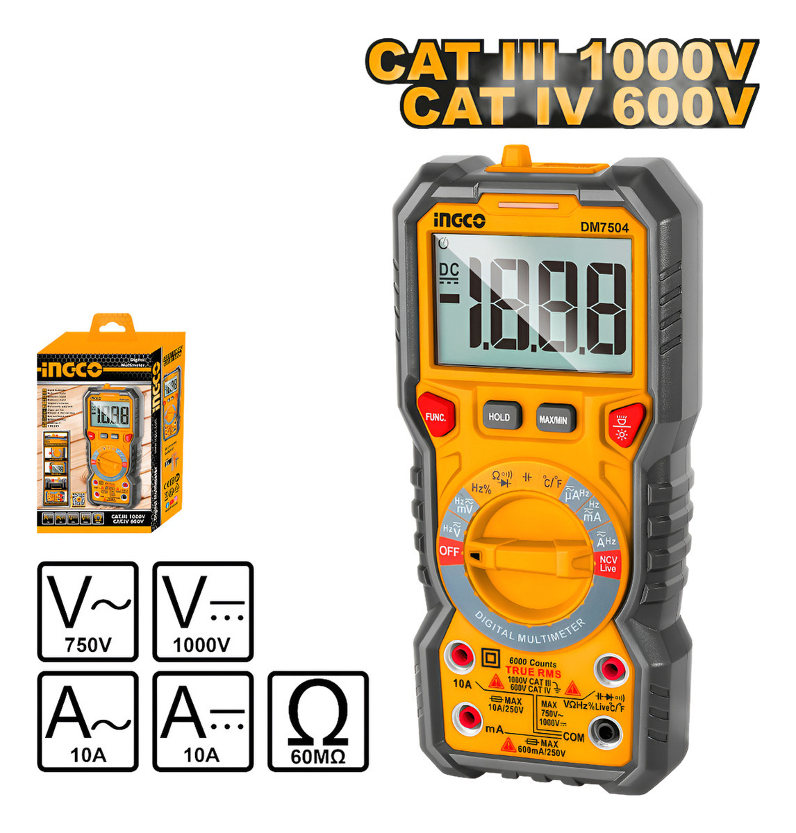 Tester Multimetro Digital Catiii 1000v 600v Ingco Dm7504 - Imagen 2