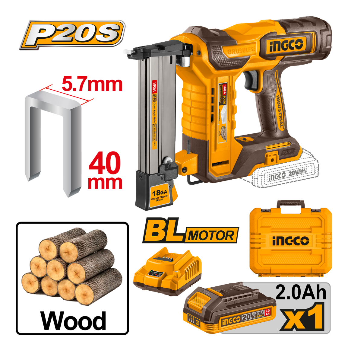 Engrapadora 20v 40mm Brushless Con Accesorios Ingco - Imagen 2