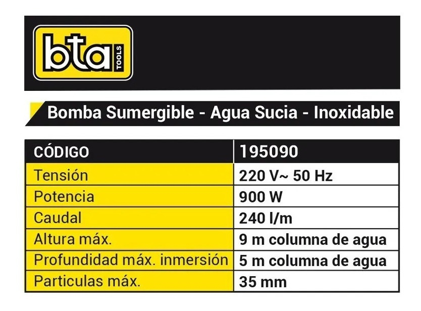Bomba Sumergible Bta 195090 Agua Sucia 900w 240l/min Acero Inoxidable - Imagen 2