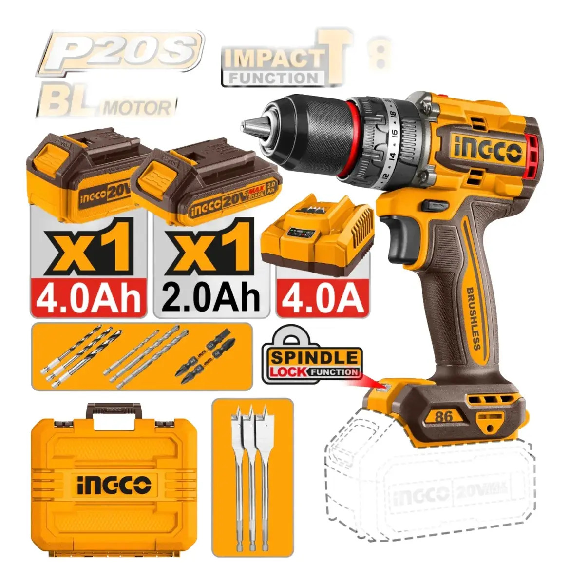 Taladro Atornillador Percutor 86nm 20v Ingco C/bat Y Carg - Imagen 2