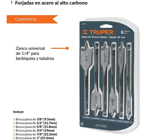 Juego De Mechas Paleta Chatas 3 Puntas 3/8 A 1'' Truper - Imagen 2