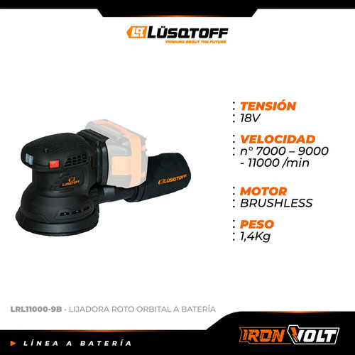 Lijadora Roto Orbital Inalambrica Lusqtoff Black Series Frecuencia 50 Hz Lrl11000-9b Negro - Imagen 3