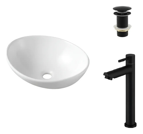 Bacha Apoyo Loza Oval Blanca + Monocomando Negro + Tip Top