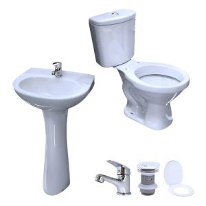 Kit Juego Baño Loza 5 Pzs Inodoro Pileta Grifería Válvula