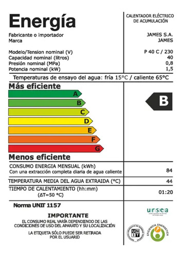 Termotanque Eléctrico James Cilíndrica Cobre Convenciona 40l - Imagen 2