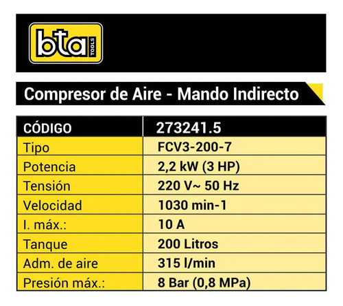 Compresor Bta 3hp 200 Litros 220v Industrial - Imagen 2