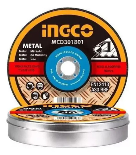 Discos De Corte 4 1/2 '' Ingco 1.2mm Caja Metálica X 10 Unidades
