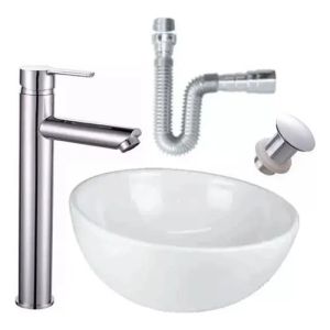 Combo Bacha Loza + Grifería Alta + Válvula + Sifón Cromado K