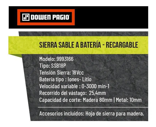 Sierra Sable + Bateria 18v Dowen Pagio Flex One Madera Metal - Imagen 5