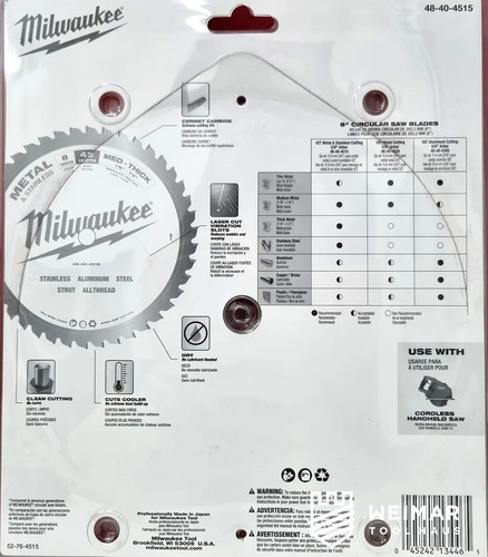Disco De Corte Para Metales Milwaukee 42 Dientes 6370-59 Blanco - Imagen 8