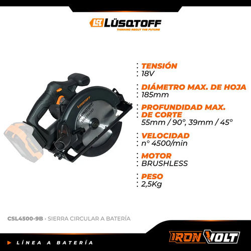 Sierra Circular Inalámbrica Brushless Profesional Black Series 20v 185mm Lusqtoff Frecuencia 50hz Csl4500-9b Negro - Imagen 4