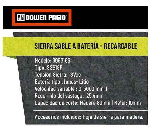 Sierra Sable + Bateria 18v Dowen Pagio Flex One Madera Metal - Imagen 5