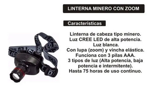 Linterna Cree Led De Cabeza / Minero Con Zoom A Pilas - Imagen 2