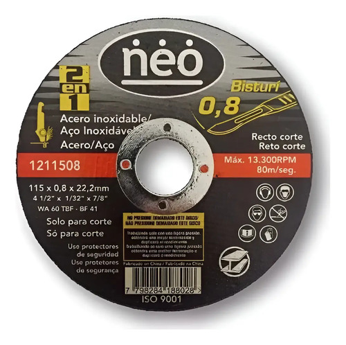 Discos De Corte 4 1/2 '' Acero Inox. Neo 0,8mm X 10 Unidades