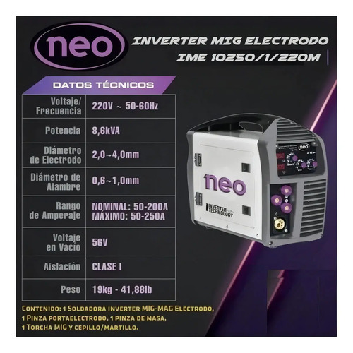 Soldadora Mig-mag-electrodo 250a Neo Ime10250/1/220m - Imagen 2