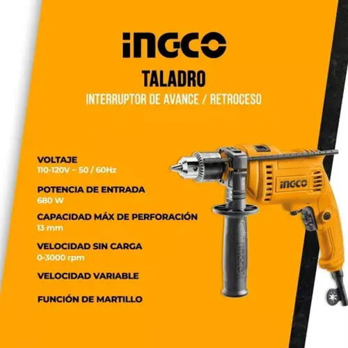 Ingco Uid6808 Taladro Percutor 1/2 110/v120v60hz 680w 0-3000rpm Color Amarillo. - Imagen 2